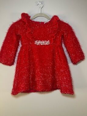 Truly Me Red Sparkle Textured Dress with Ruffle Bib